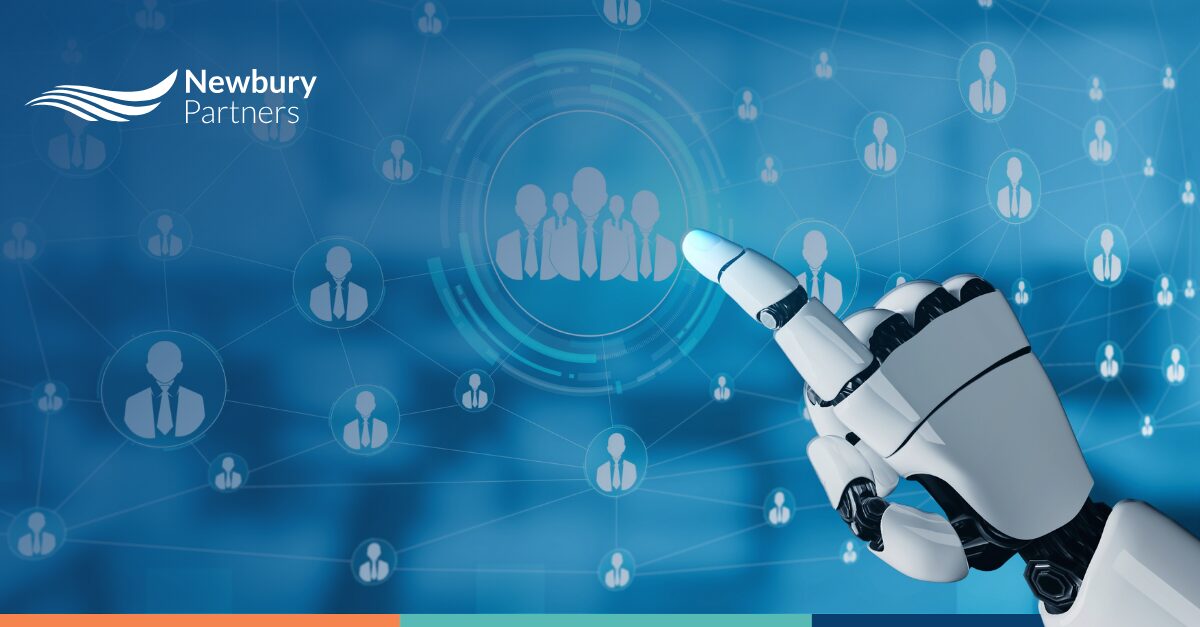 Robot hand pointing at staffing workflow icons representing AI automation use cases in recruiting.